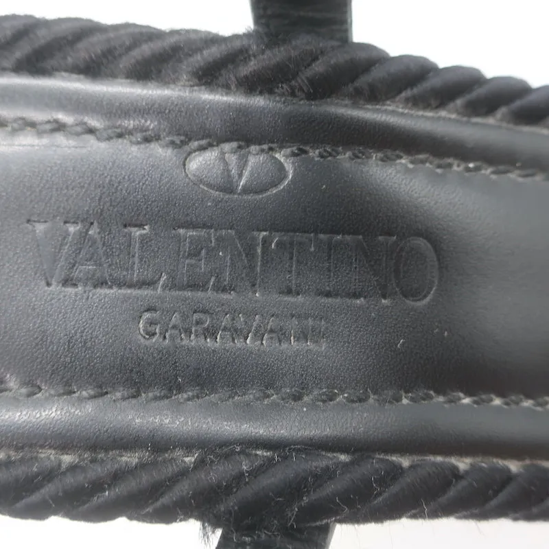 Valentino Rockstud Torchon Rope Wedge Sandals Black Size 36 Ankle Strap Heels