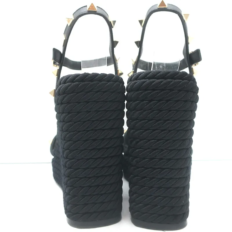Valentino Rockstud Torchon Rope Wedge Sandals Black Size 36 Ankle Strap Heels