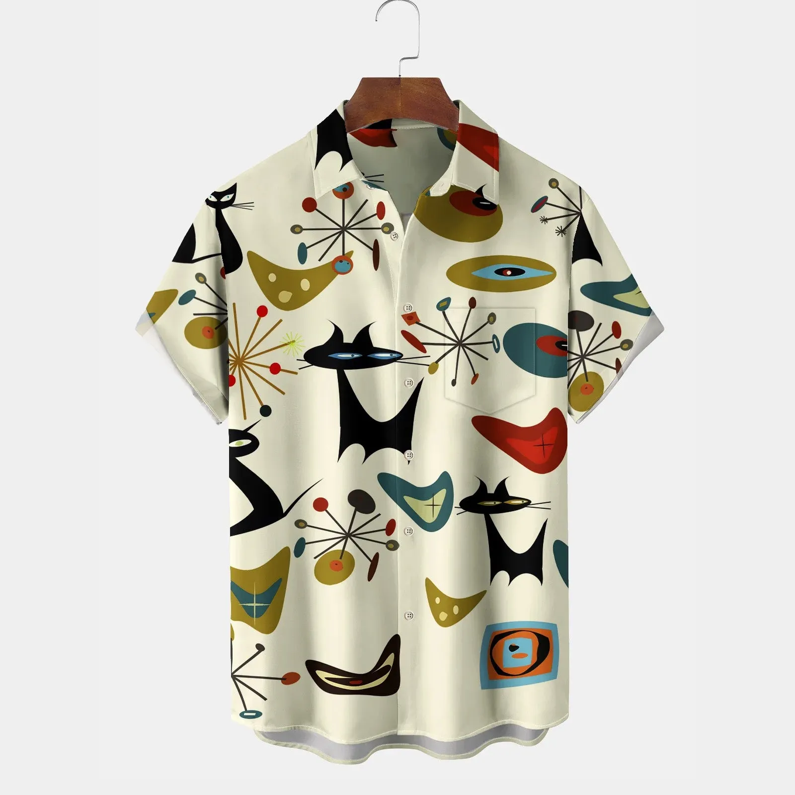 Vintage Geometric Starburst Cat Print Chest Pocket Stretch Shirt