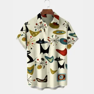 Vintage Geometric Starburst Cat Print Chest Pocket Stretch Shirt