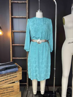 Vintage Teal Floral Jacquard Dress - Size M/L