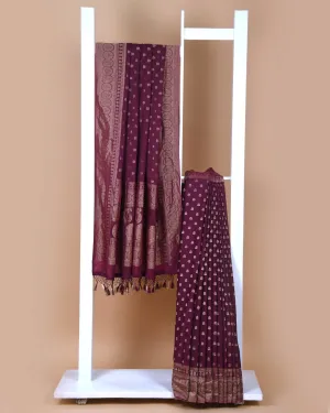 Wine Crepe Blend Woven Saree With Crepe Woven Blouse