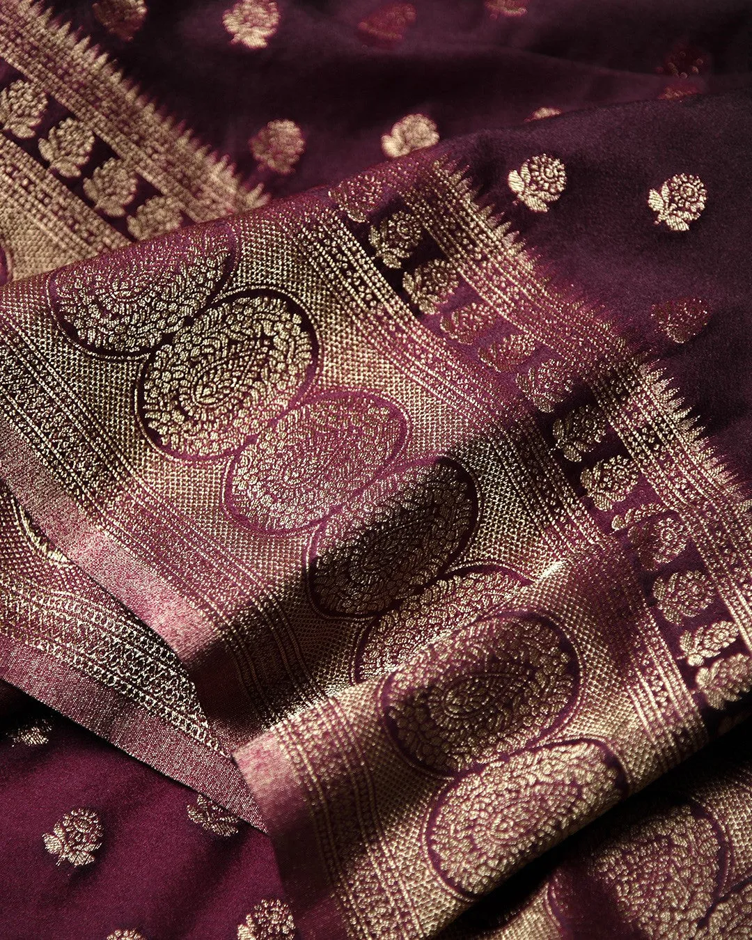 Wine Crepe Blend Woven Saree With Crepe Woven Blouse