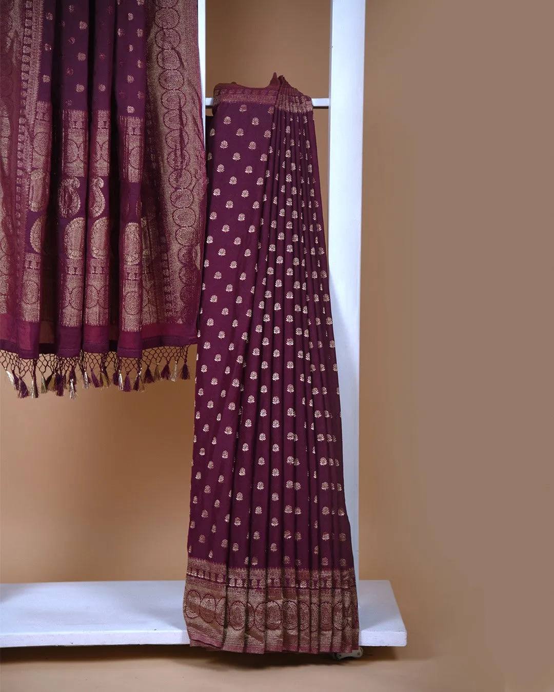 Wine Crepe Blend Woven Saree With Crepe Woven Blouse