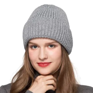 Women Angora Beanie Hat Cuffed Plain Knit Hat Cap Ski Soft Headwear Grey