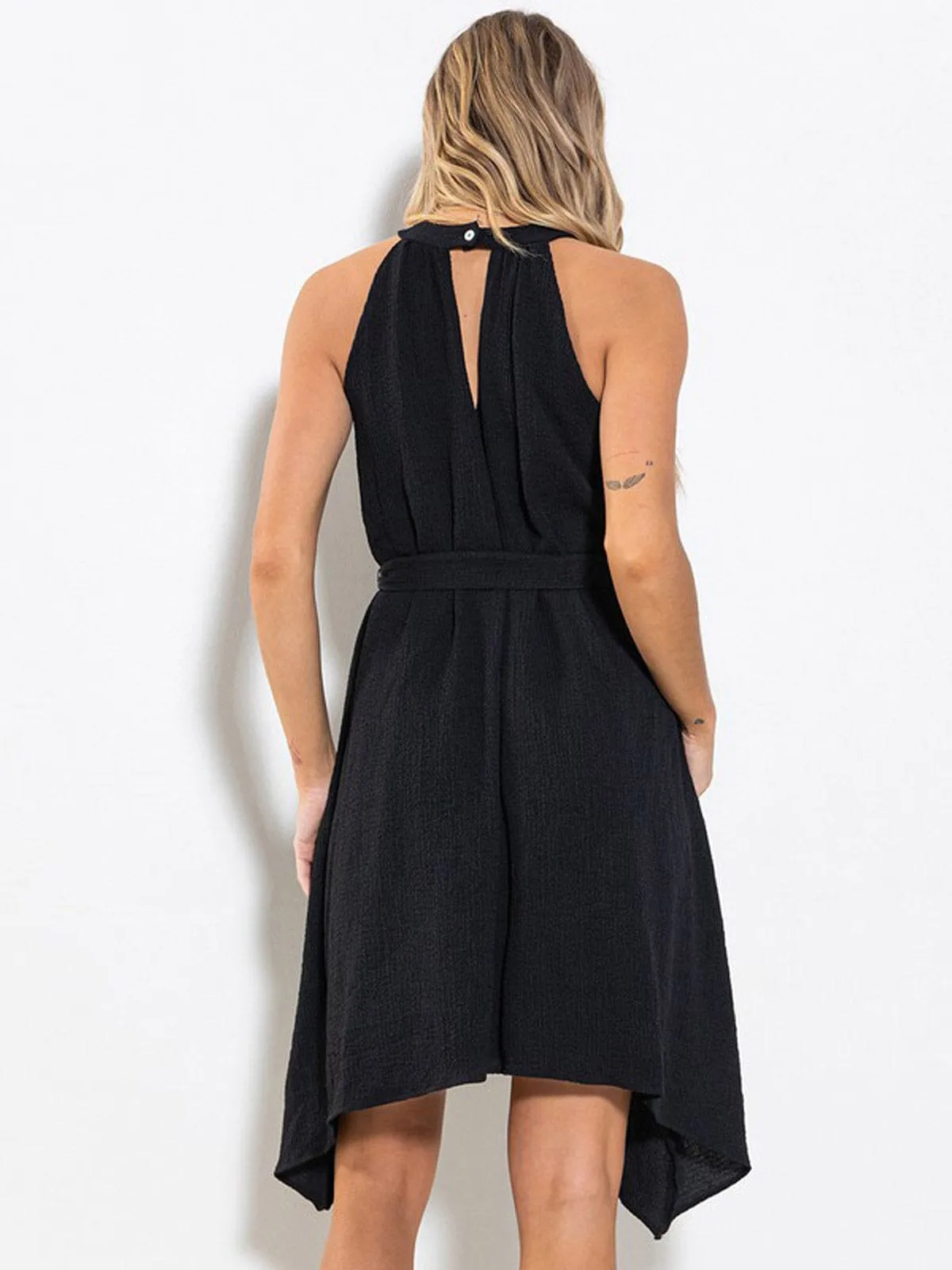 WOMEN'S SLEEVELESS HALTER NECK SELF TIE HIGH-LOW MINI DRESS