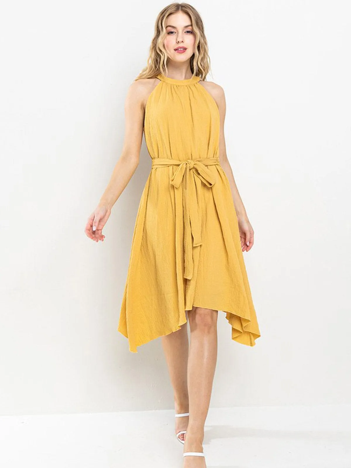 WOMEN'S SLEEVELESS HALTER NECK SELF TIE HIGH-LOW MINI DRESS