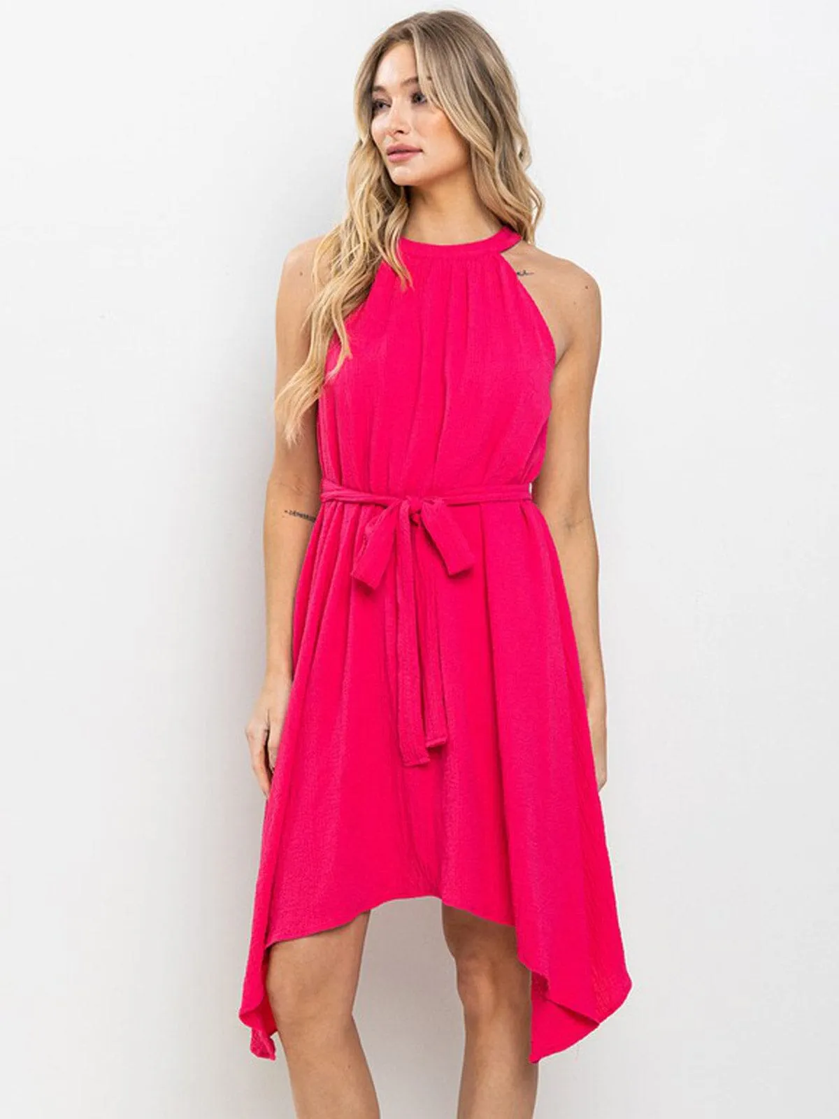 WOMEN'S SLEEVELESS HALTER NECK SELF TIE HIGH-LOW MINI DRESS