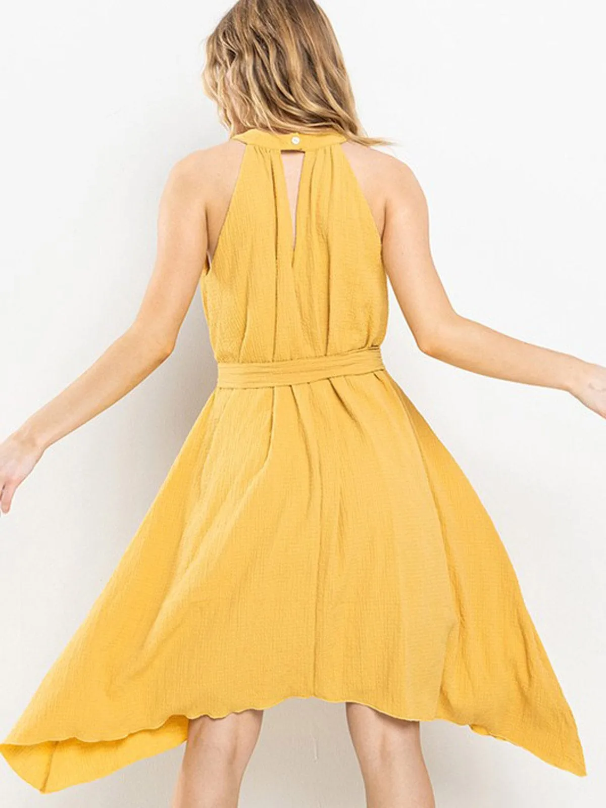 WOMEN'S SLEEVELESS HALTER NECK SELF TIE HIGH-LOW MINI DRESS