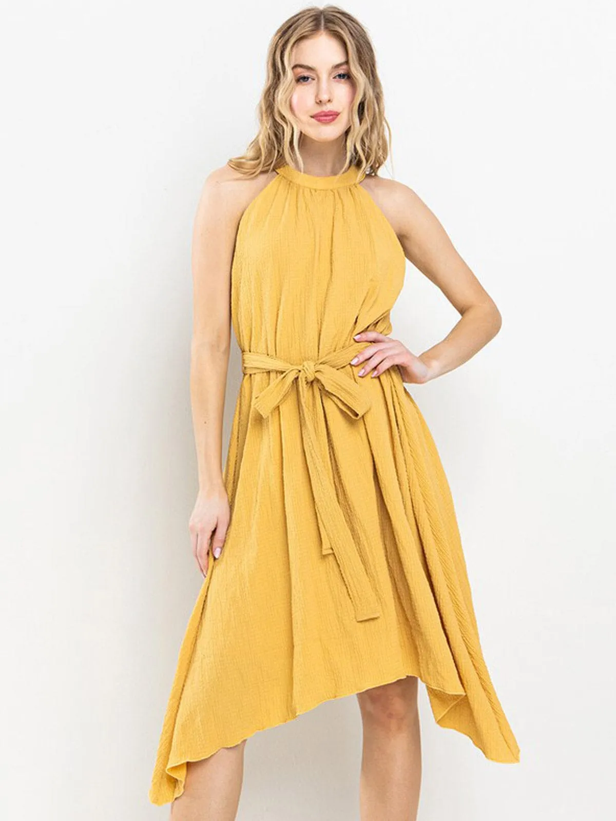 WOMEN'S SLEEVELESS HALTER NECK SELF TIE HIGH-LOW MINI DRESS