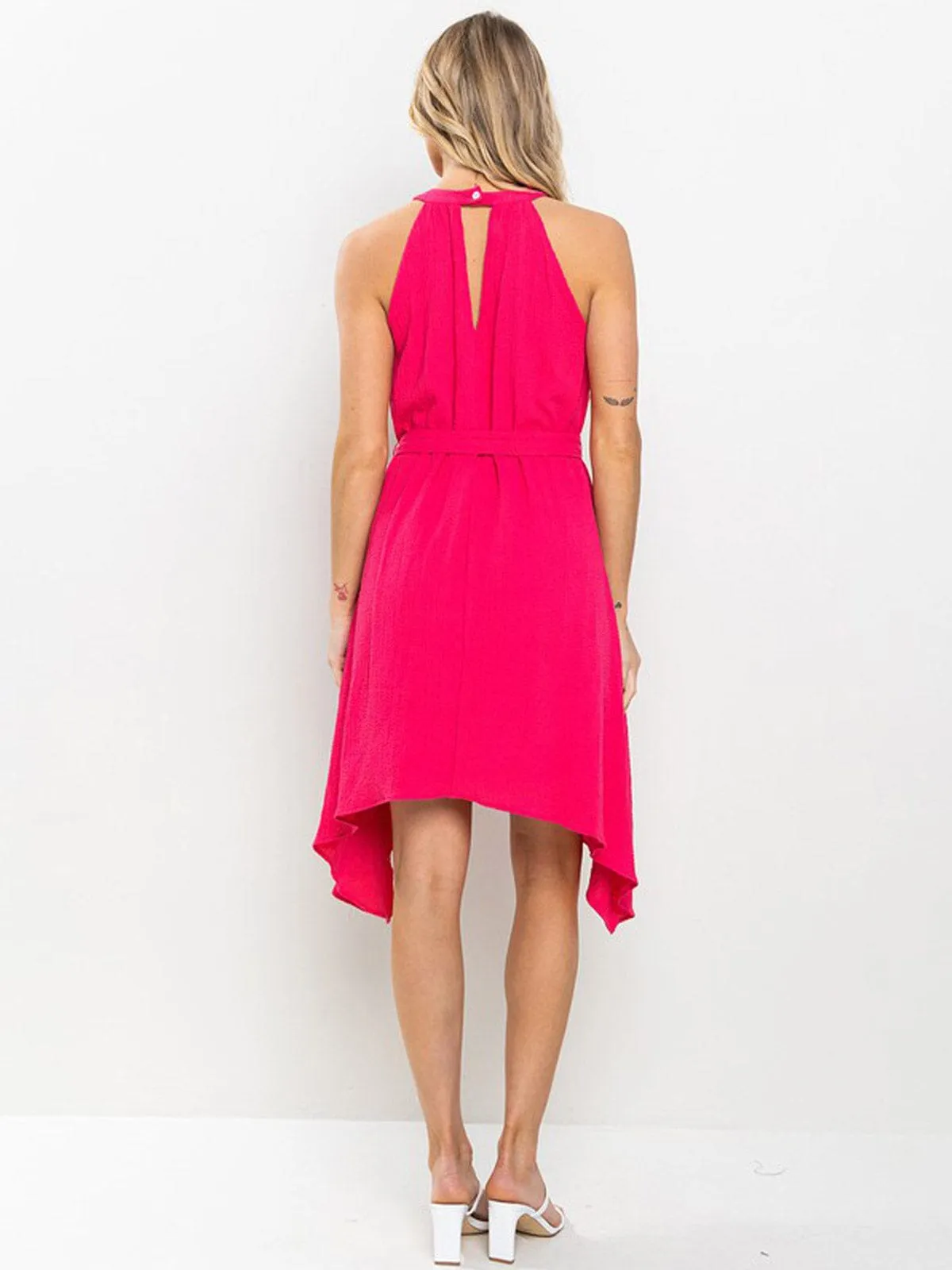 WOMEN'S SLEEVELESS HALTER NECK SELF TIE HIGH-LOW MINI DRESS
