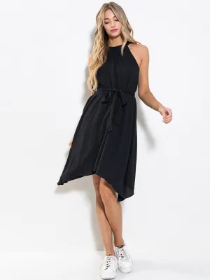 WOMEN'S SLEEVELESS HALTER NECK SELF TIE HIGH-LOW MINI DRESS